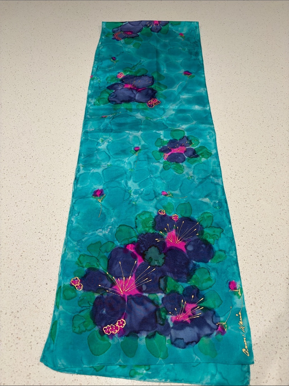 Teal Floral Silk Hand Painted Scarf with Gold Accents
